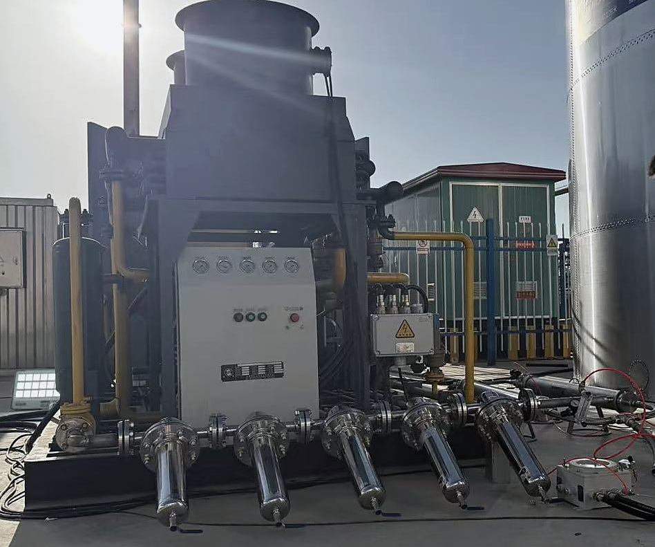 Biomethane upgrading skid with five membrane modules alongside a digester